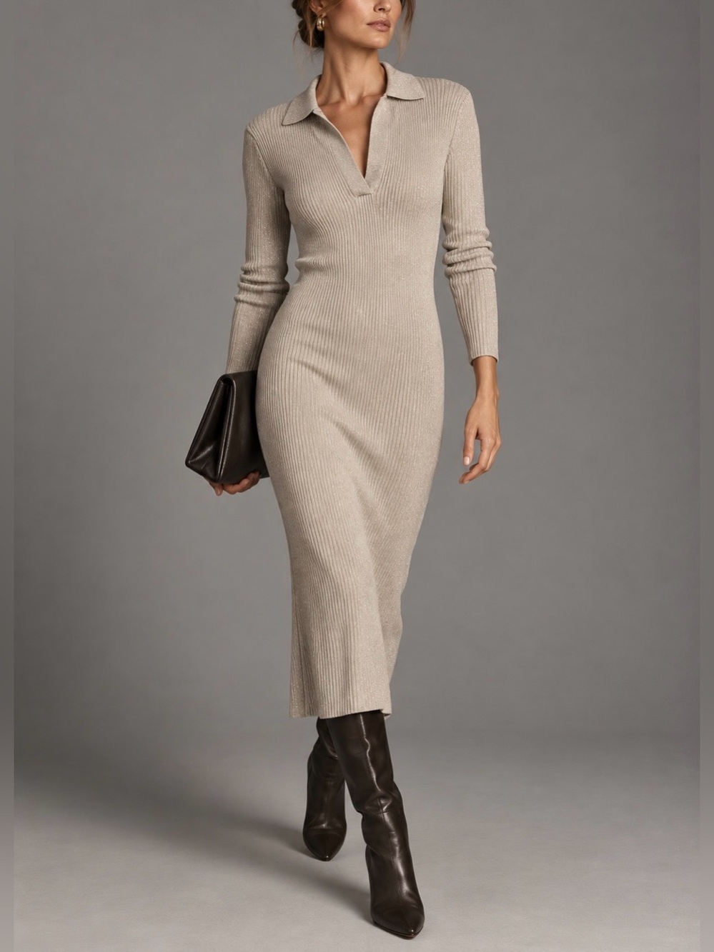 Donna Karan New York Metallic Ribbed Knit Polo Midi Dress S Champagne Bodycon